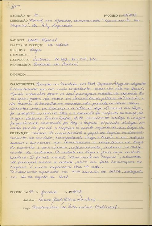 Mural em mosaico "Monumento ao Tropeiro" de Poty Lazarotto - Lapa - Livro Tombo III - Inscrição 10 - Página 10