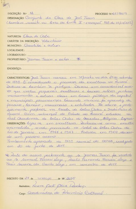 Conjunto das obras de João Turin - Curitiba - Livro Tombo III - Inscrição 12 - Página 12