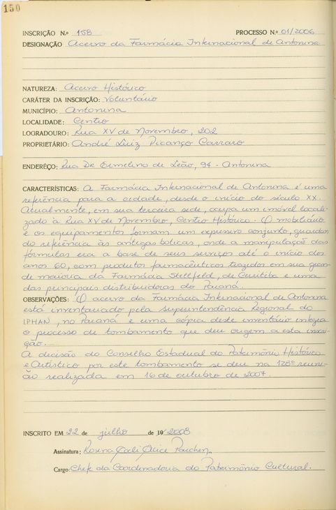 Acervo da Farmácia Internacional de Antonina - Livro Tombo II - Inscrição 158 - Página 150