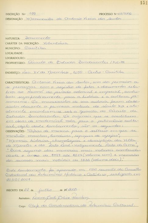 Manuscritos de Antonio Vieira dos Santos - Curitiba - Livro Tombo II - Inscrição 159 - Página 151