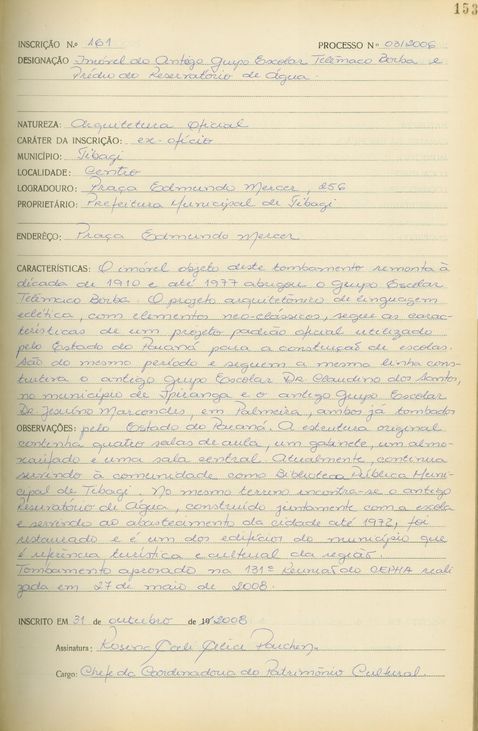 Imóvel do antigo Grupo Escolar Telêmaco Borba e Reservatório de Água em Tibagi - Livro Tombo II - Inscrição 161 - Página 153