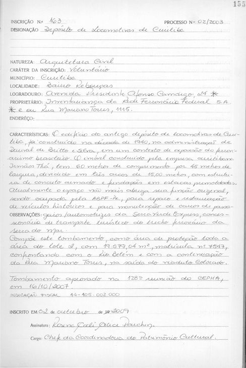 Depósito de Locomotivas de Curitiba - Livro Tombo II - Inscrição 163 - Página 155