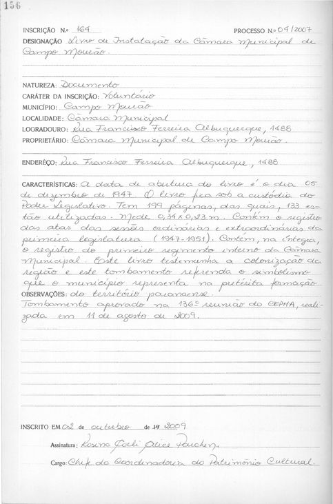 Livro de instalação da Câmara Municipal de Campo Mourão - Livro Tombo II - Inscrição 164 - Página 156