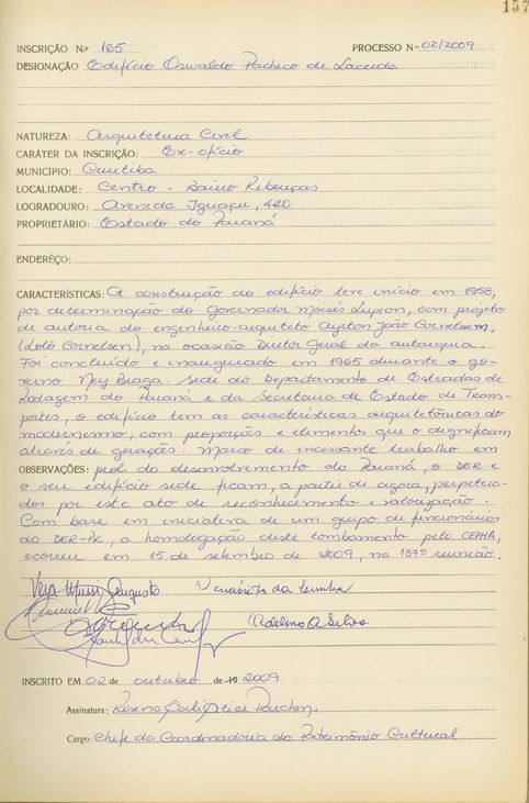 Edifício Oswaldo Pacheco de Lacerda - Curitiba - Livro Tombo II - Inscrição 165 - Página 157