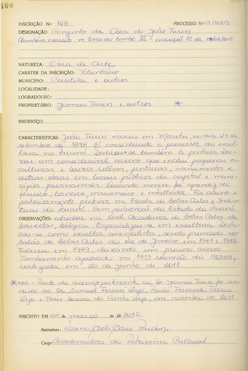 Conjunto das obras de João Turin - Curitiba - Livro Tombo II - Inscrição 168 - Página 160
