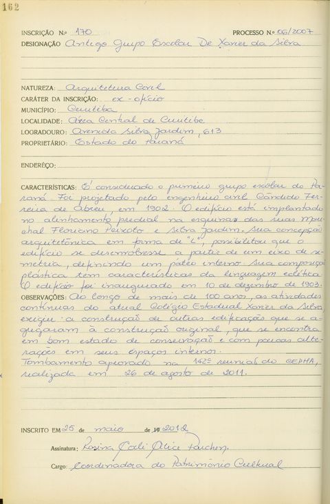 Antigo Grupo Escoloar Doutor Xavier da Silva - Curitiba - Livro Tombo II - Inscrição 170 - Página 162