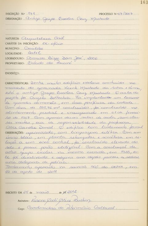 Antigo Grupo Escolar Cruz Machado Curitiba - Livro Tombo II - Inscrição 171 - Página 163