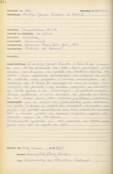Antigo Grupo Escolar Dom Pedro II - Curitiba - Livro Tombo II - Inscrição 172 - Página 164