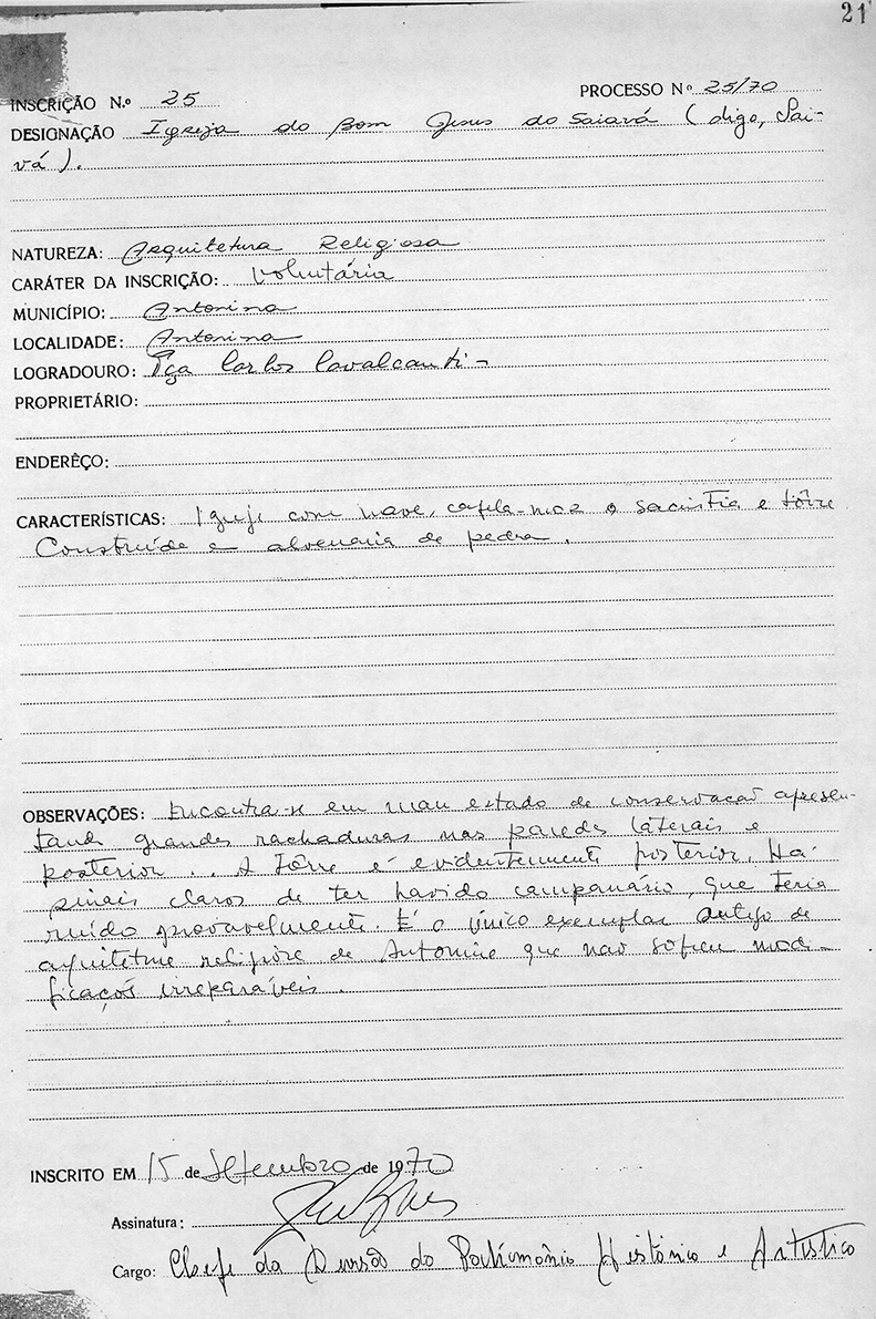 Inscrição de Tombamento 25-II Igreja Bom jesus do Saivá Antonina