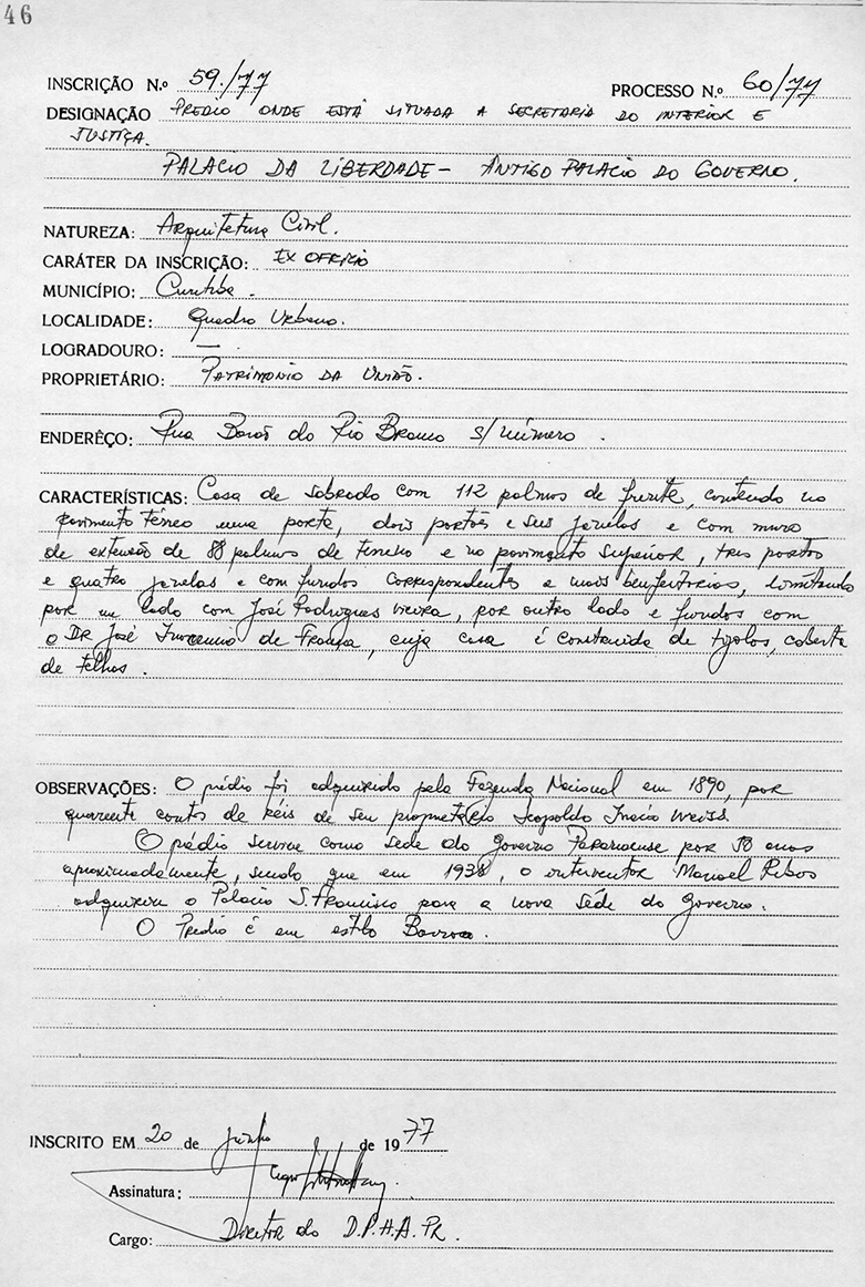 Inscrição de Tombamento 59-II Palácio da Liberdade (Museu da Imagem e do Som) Curitiba (1977)