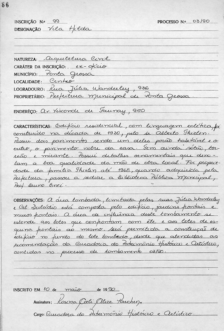 Inscrição de Tombamento 99-II Livro do Tombo Histórico