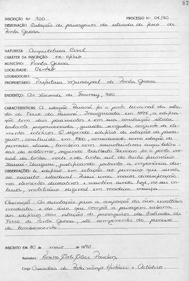 Inscrição de Tombamento Estações de Passageiros da estrada de Ferro de Ponta Grossa