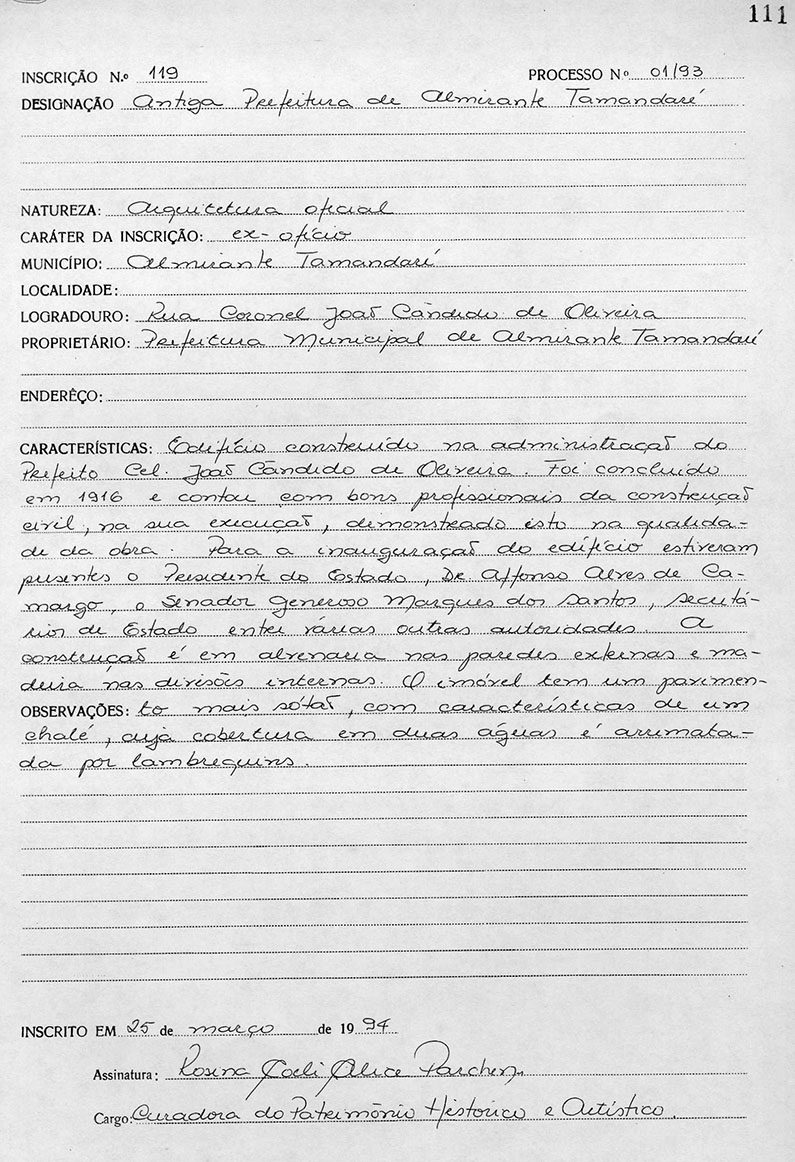 Inscrição de Tombamento 119-II Antiga Prefeitura de Almirante Tamandaré