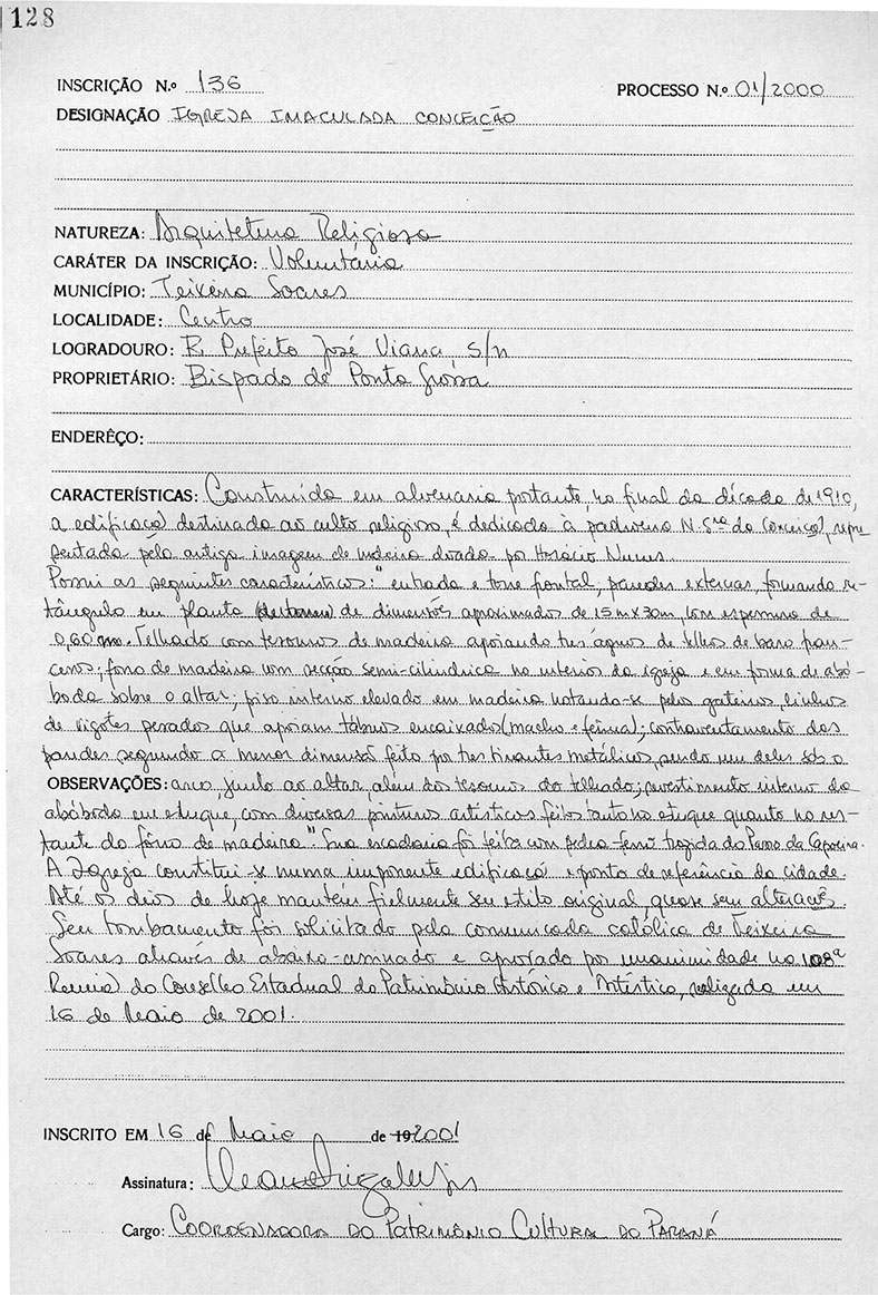 Inscrição de Tombamento (2001) Igreja Imaculada Conceição - Teixeira Soares 136-II