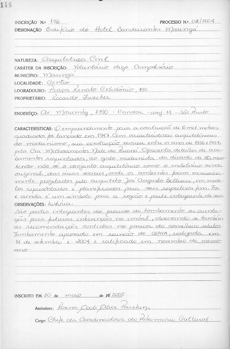 156-II- Inscrição de Tombamento Hotel Bandeirantes - Maringá (2005)