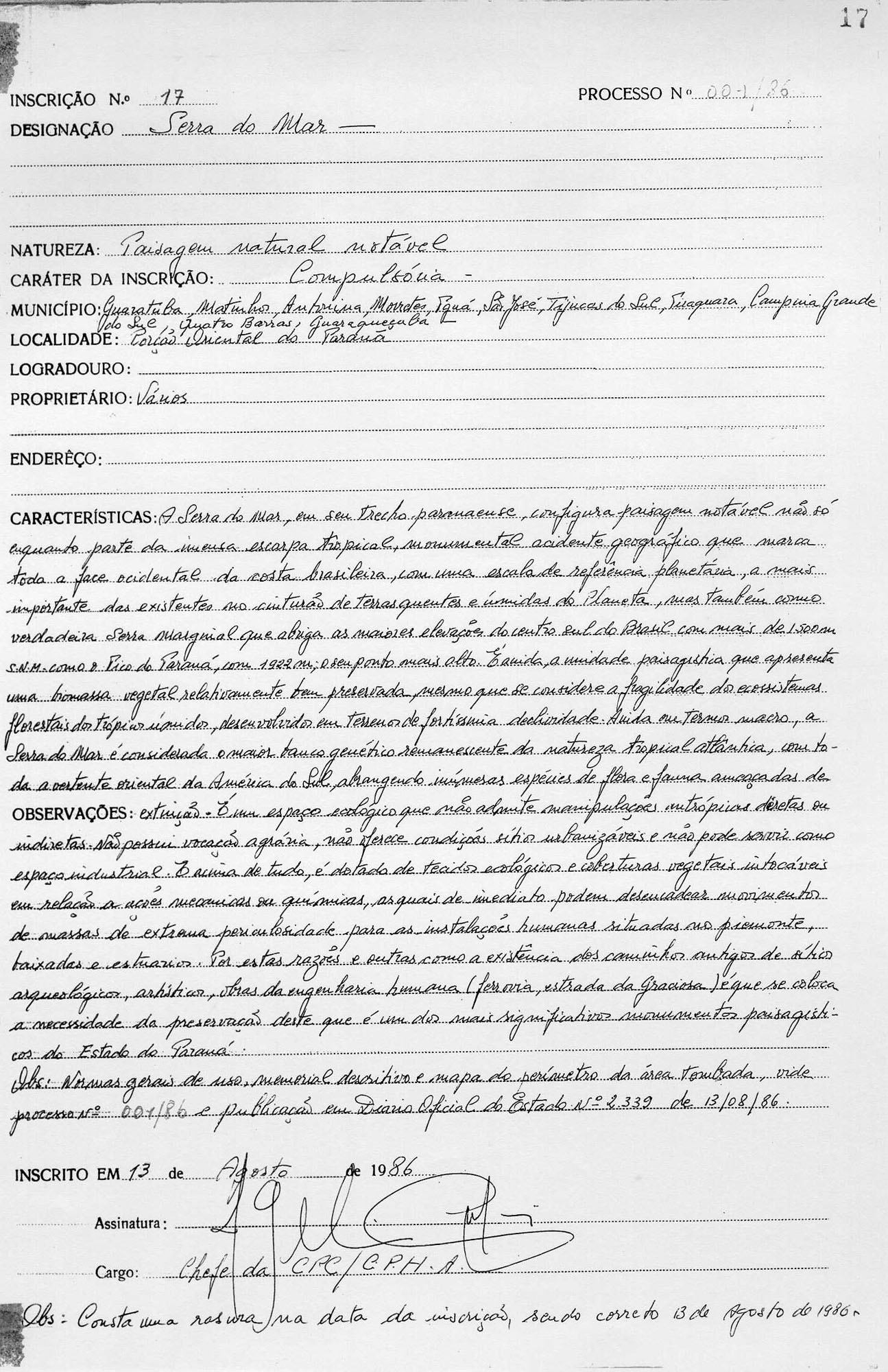 Inscrição de Tombamento 17-I Serra do mar (1986)