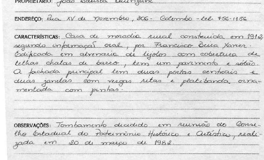 Residência na Rodovia da Uva - Colombo - Livro Tombo II - Inscrição 93 - Página 78