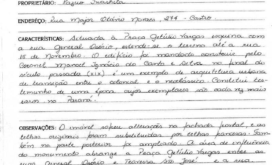 Casa situada à Praça Getúlio Vargas 10 - Castro - Livro Tombo II - Inscrição 77 - Página 62
