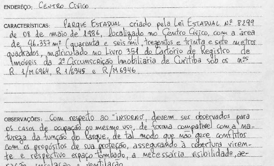 Parque Estadual João Paulo II - Curitiba - Livro Tombo I - Inscrição 21 - Página 21