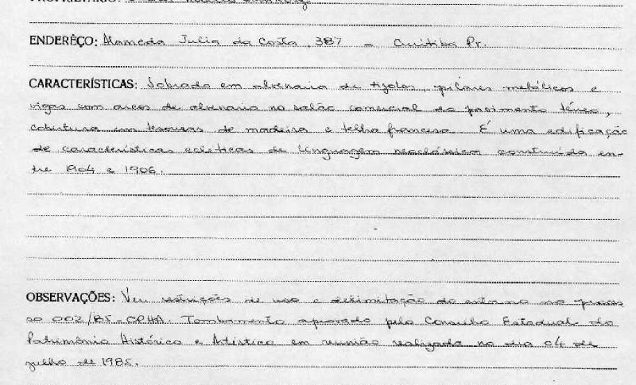 Sobrado sito à Rua Barão do Rio Branco, 773 - Curitiba - Livro Tombo II - Inscrição 83 - Página 68