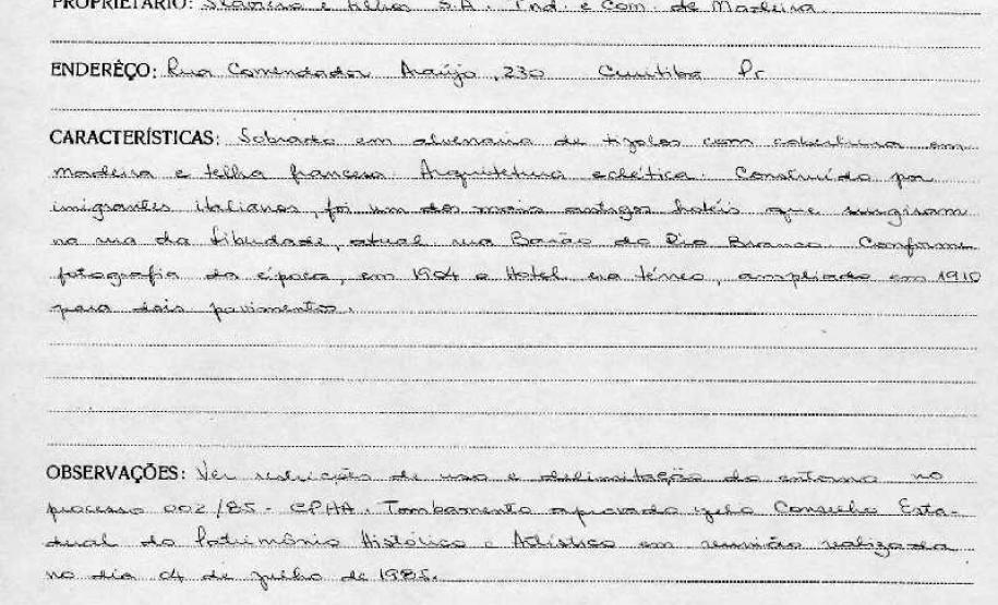 Sobrado sito à Rua Barão do Rio Branco, 823 - Curitiba - Livro Tombo II - Inscrição 85 - Página 70