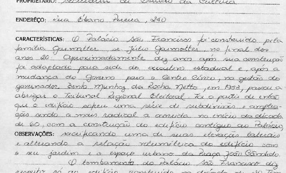 Palácio São Francisco - Curitiba - Livro Tombo II - Inscrição 87 - Página 72