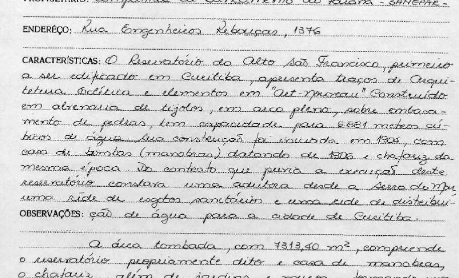Reservatório do Alto São Francisco - Curitiba - Livro Tombo II - Inscrição 97 - Página 84