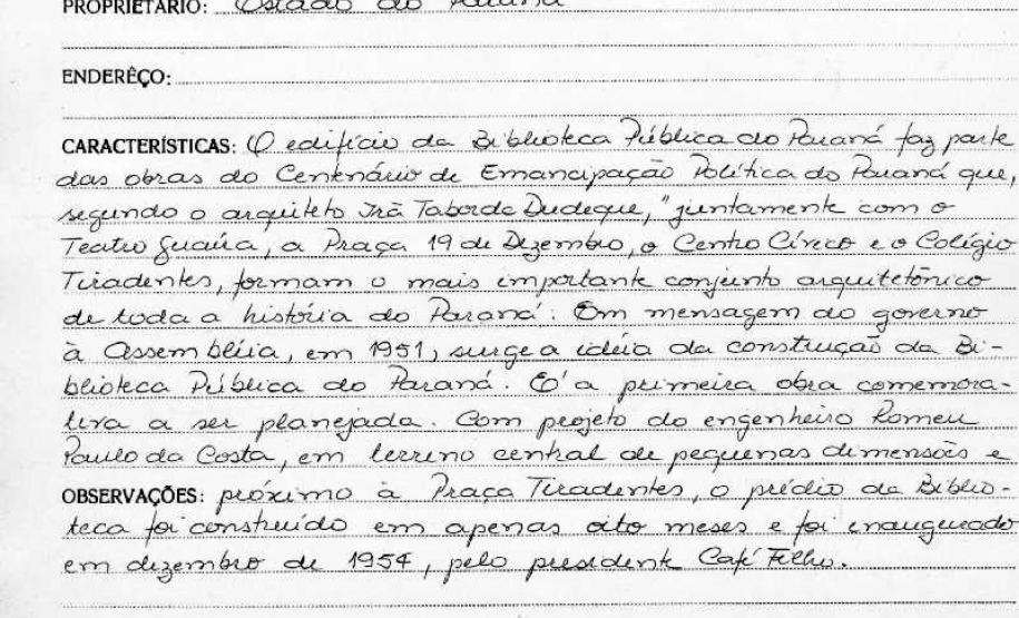 Edifício da Biblioteca Pública do Paraná - Curitiba - Livro Tombo II - Inscrição 148 - Página 140