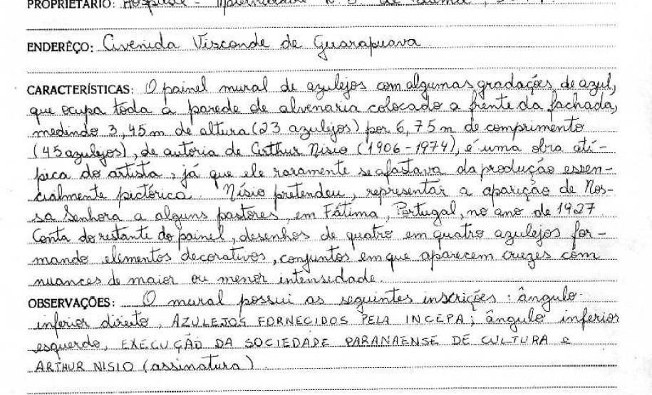 Painel em azulejos - Arthur Nisio - Maternidade Nossa Senhora de Fátima - Curitiba - Livro Tombo III - Inscrição 9 - Página 9