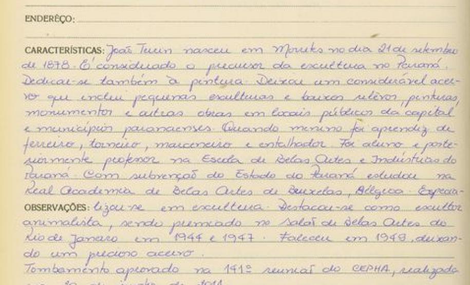 Conjunto das obras de João Turin - Curitiba - Livro Tombo III - Inscrição 12 - Página 12