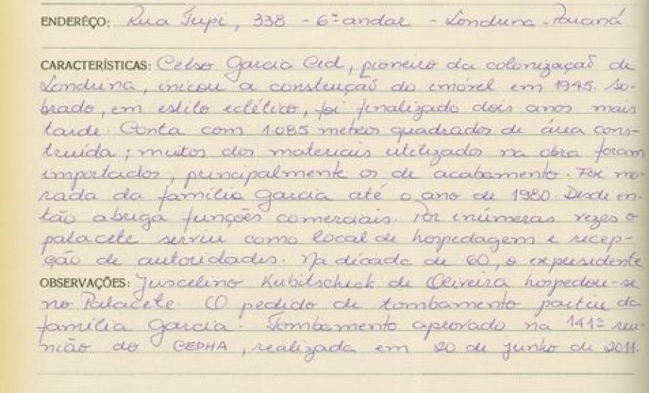 Palacete da Família Garcia - Londrina - Livro Tombo II - Inscrição 166 - Página 158