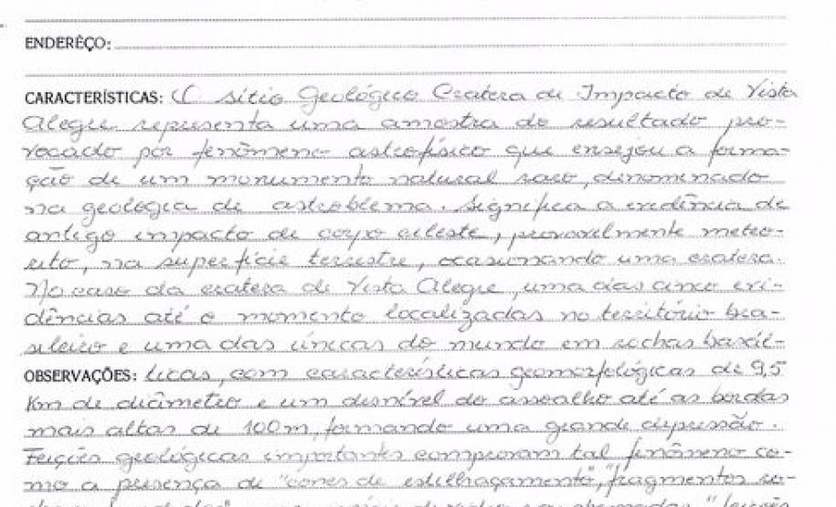 Sítio Geológico - Cratera de impacto de Vista Alegre - Coronel Vivida - Livro Tombo I - Inscrição 24 - Página 27