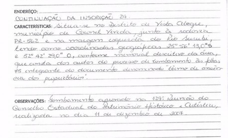 Sítio Geológico - Cratera de impacto de Vista Alegre - Coronel Vivida - Livro Tombo I - Inscrição 24 - Página 28