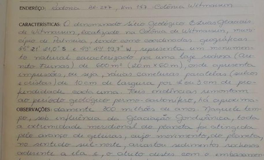 Sítio Geológico - Estrias Glaciais de Witmarsum - Palmeira - Livro Tombo I - Inscrição 25