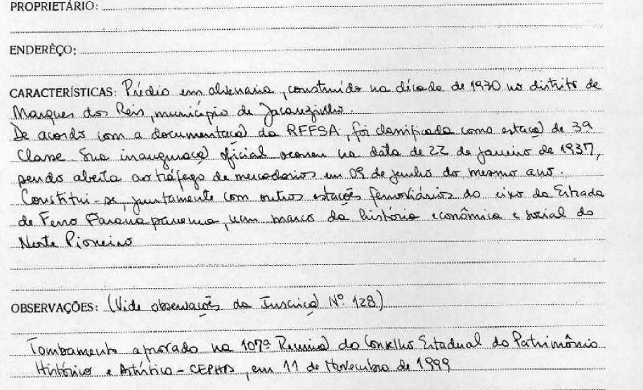 Estação Ferroviária Marques dos Reis - Jacarezinho - Livro Tombo II - Inscrição 129 - Página 121