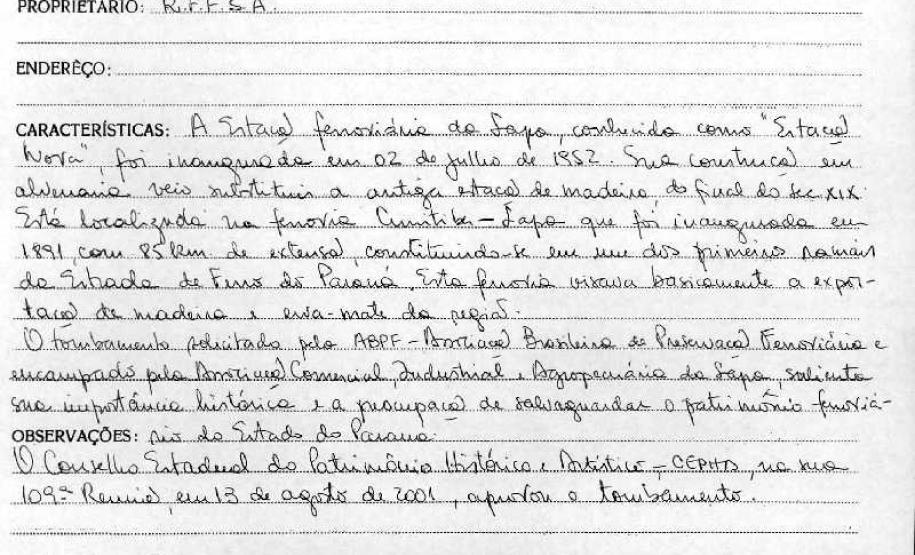 Estação Ferroviária da Lapa - Livro tombo II - Inscrição 137 - Página 129