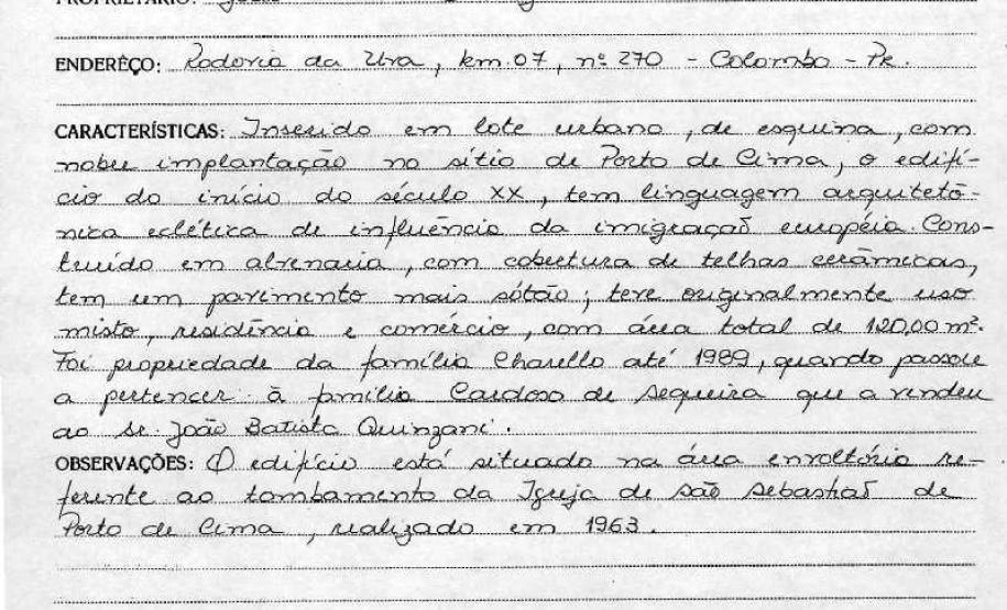 Residência em Alvenaria - Porto de Cima - Morretes - Livro Tombo II - Inscrição 103 - Página 90