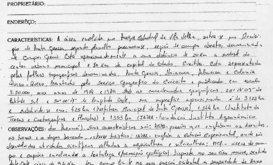 Parque Vila Velha, Furnas e Lagoa Dourada - Ponta Grossa - Livro Tombo I - Inscrição 1 - Página 1