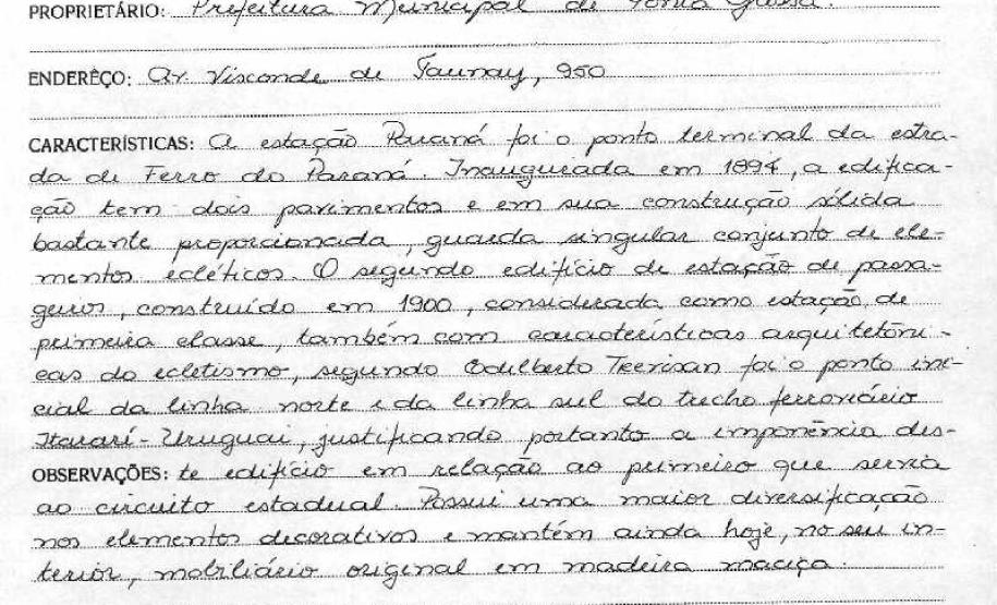 Estações de passageiros da Estrada de Ferro de Ponta Grossa - Livro Tombo II - Inscrição 100 - Página 87
