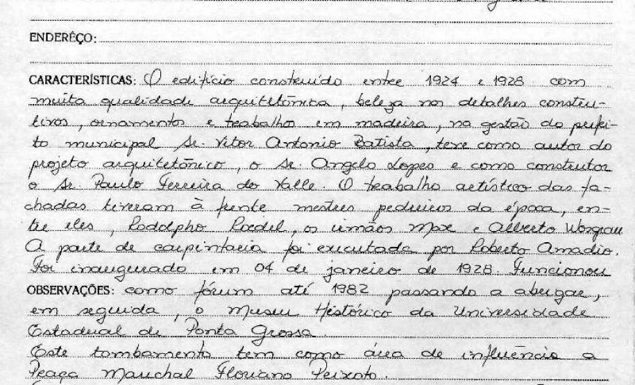 Antigo edifício Fórum da Comarca de Ponta Grossa - Livro Tombo II - Inscrição 105