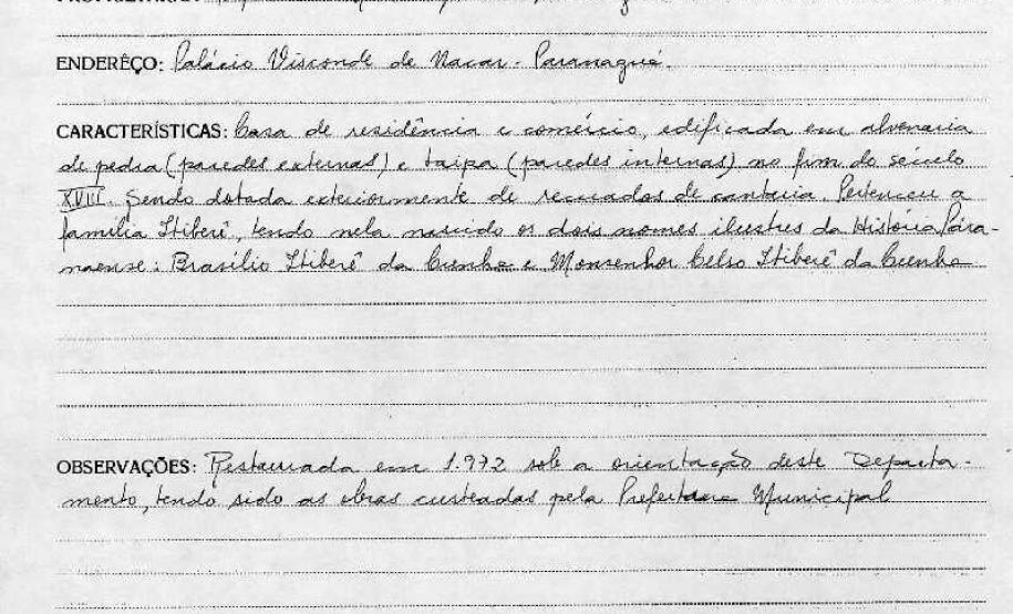 Casa onde moraram Brasílio Itiberê e Monsenhor Celso - Paranaguá - Livro Tombo II - Inscrição 39 - Página 34