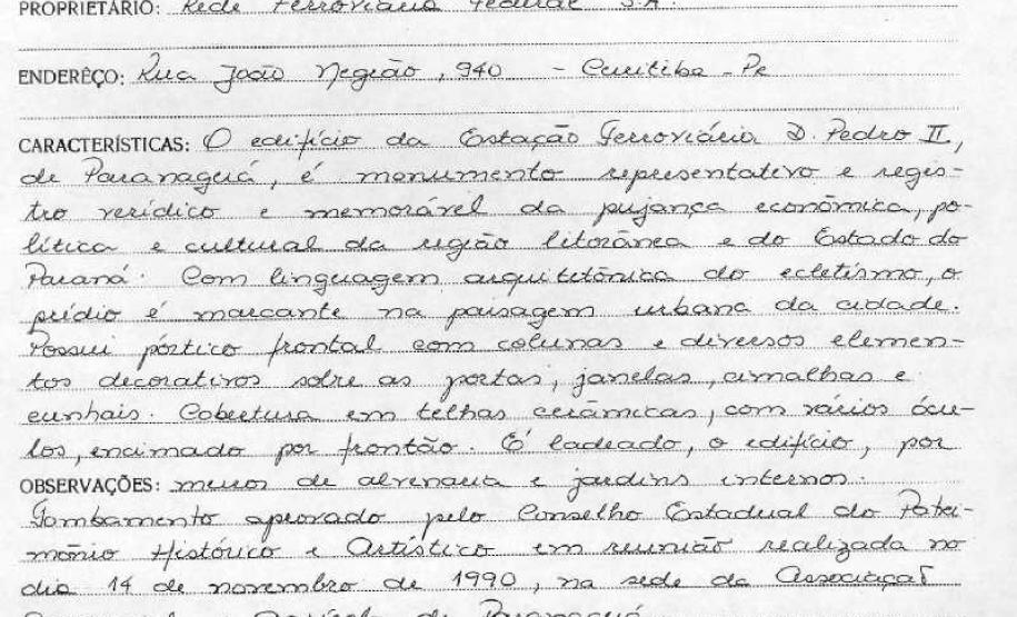 Estação Ferroviária de Paranaguá - Livro Tombo II - Inscrição 108 - Página 95