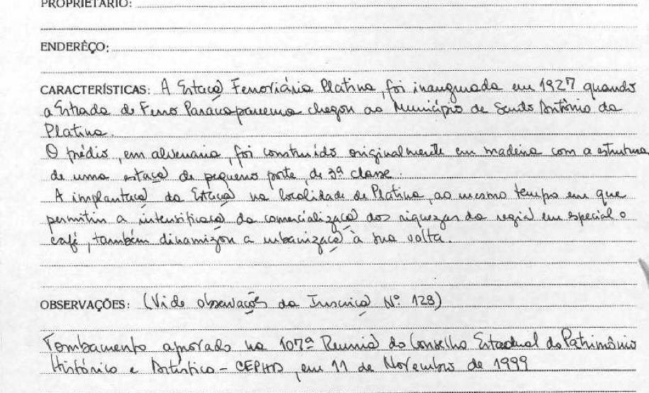 Estação Ferroviária Platina - Santo Antônio da Platina - Livro Tombo II - Inscrição 130 - Página 122