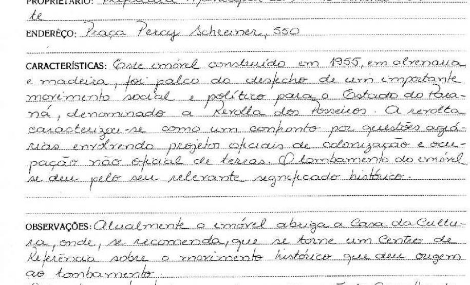 Imóvel situado à Avenida Brasil, 487 em Santo Antônio do Sudoeste - Livro Tombo II - Inscrição 142 - Página 134